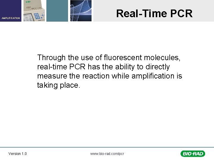 AMPLIFICATION Real-Time PCR Through the use of fluorescent molecules, real-time PCR has the ability