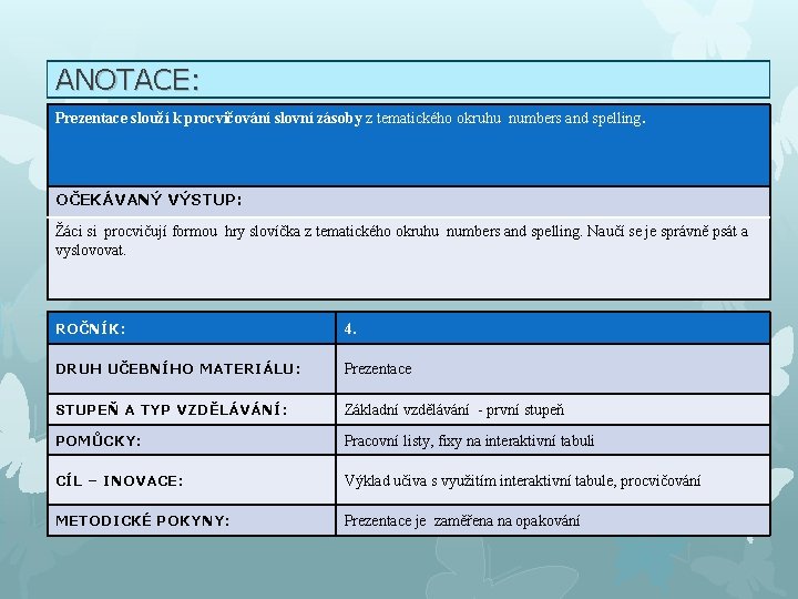 ANOTACE: Prezentace slouží k procvičování slovní zásoby z tematického okruhu numbers and spelling. OČEKÁVANÝ