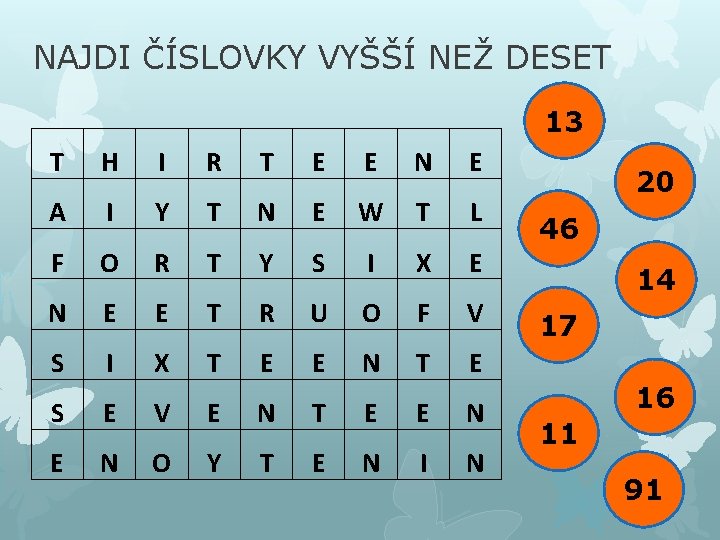 NAJDI ČÍSLOVKY VYŠŠÍ NEŽ DESET 13 T H I R T E E N