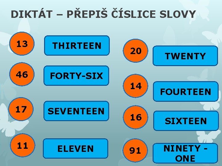 DIKTÁT – PŘEPIŠ ČÍSLICE SLOVY 13 46 17 11 THIRTEEN FORTY-SIX SEVENTEEN ELEVEN 20