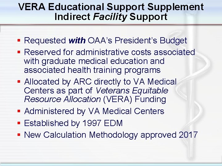 VERA Educational Support Supplement Indirect Facility Support § Requested with OAA’s President’s Budget §