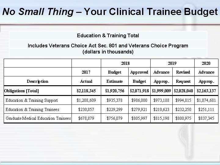 No Small Thing – Your Clinical Trainee Budget Education & Training Total Includes Veterans