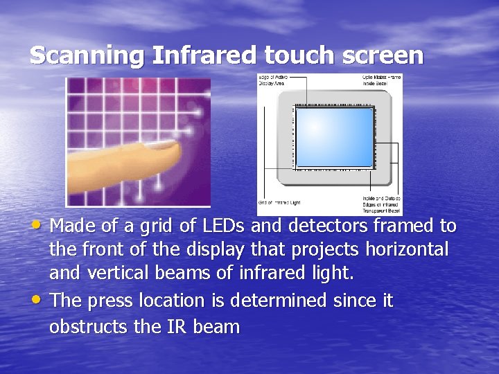 Scanning Infrared touch screen • Made of a grid of LEDs and detectors framed