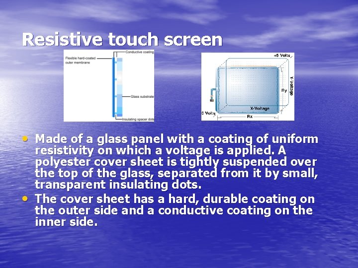 Resistive touch screen • Made of a glass panel with a coating of uniform