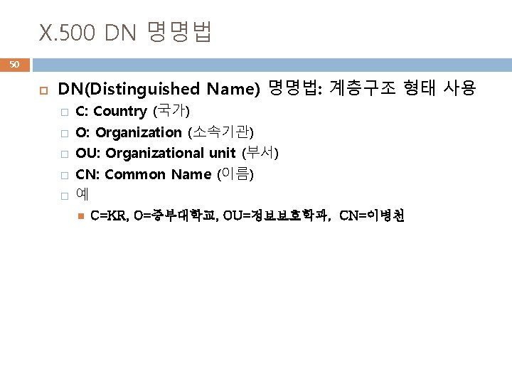 X. 500 DN 명명법 50 DN(Distinguished Name) 명명법: 계층구조 형태 사용 � � �
