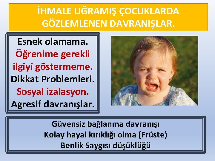 İHMALE UĞRAMIŞ ÇOCUKLARDA GÖZLEMLENEN DAVRANIŞLAR. Esnek olamama. Öğrenime gerekli ilgiyi göstermeme. Dikkat Problemleri. Sosyal