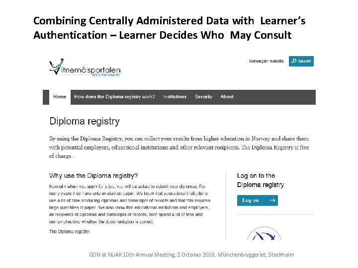 Combining Centrally Administered Data with Learner’s Authentication – Learner Decides Who May Consult GDN
