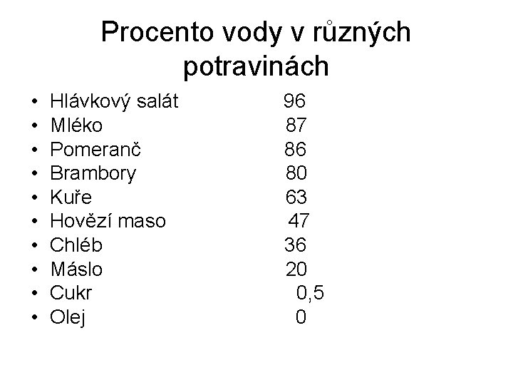 Procento vody v různých potravinách • • • Hlávkový salát 96 Mléko 87 Pomeranč