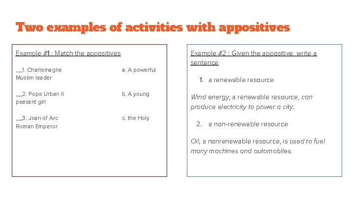 Two examples of activities with appositives Example #1 : Match the appositives __1. Charlemagne