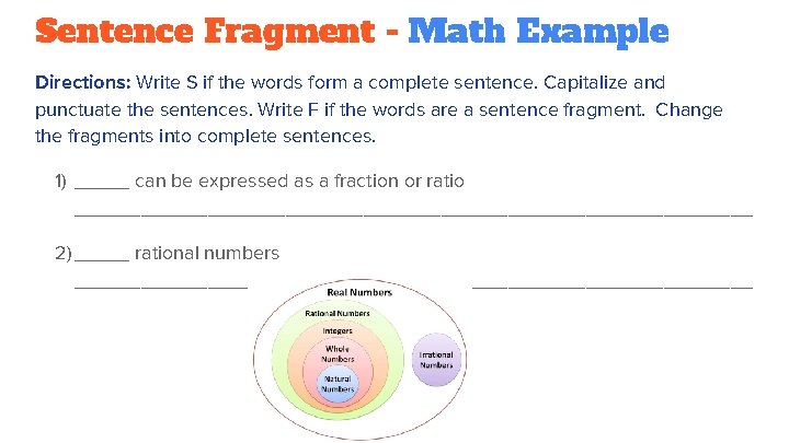 Sentence Fragment - Math Example Directions: Write S if the words form a complete