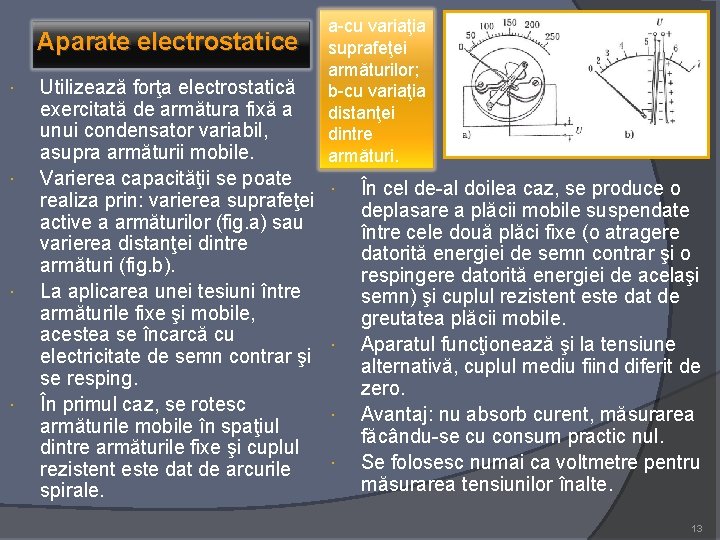 Aparate electrostatice Utilizează forţa electrostatică exercitată de armătura fixă a unui condensator variabil, asupra