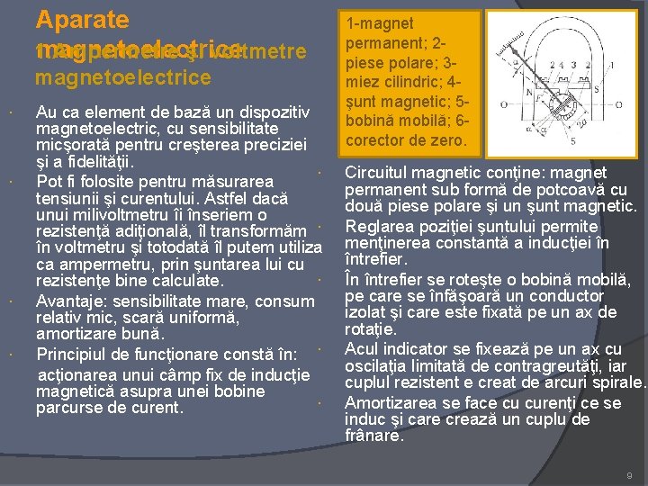 Aparate magnetoelectrice 1. Ampermetre şi voltmetre magnetoelectrice Au ca element de bază un dispozitiv