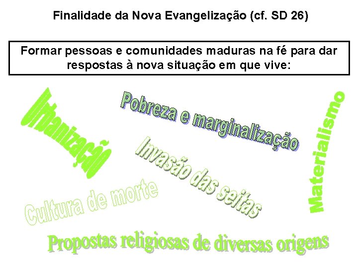 Finalidade da Nova Evangelização (cf. SD 26) Formar pessoas e comunidades maduras na fé