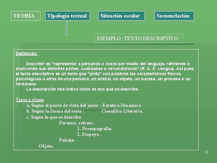 TEORÍA Tipología textual Situación escolar Secuenciación EJEMPLO : TEXTO DESCRIPTIVO Definición: Describir es "representar