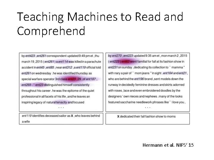 Teaching Machines to Read and Comprehend Hermann et al. NIPS’ 15 