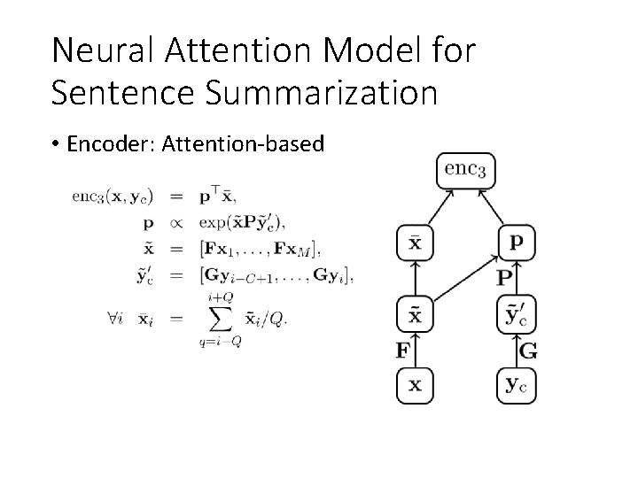 Neural Attention Model for Sentence Summarization • Encoder: Attention-based 