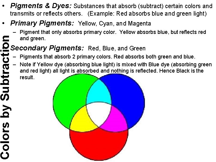  • Pigments & Dyes: Substances that absorb (subtract) certain colors and transmits or
