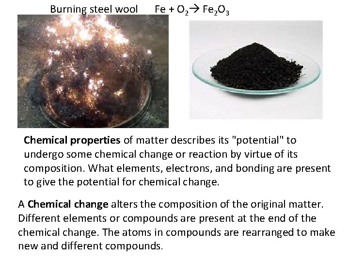 Burning steel wool Fe + O 2 Fe 2 O 3 Chemical properties of