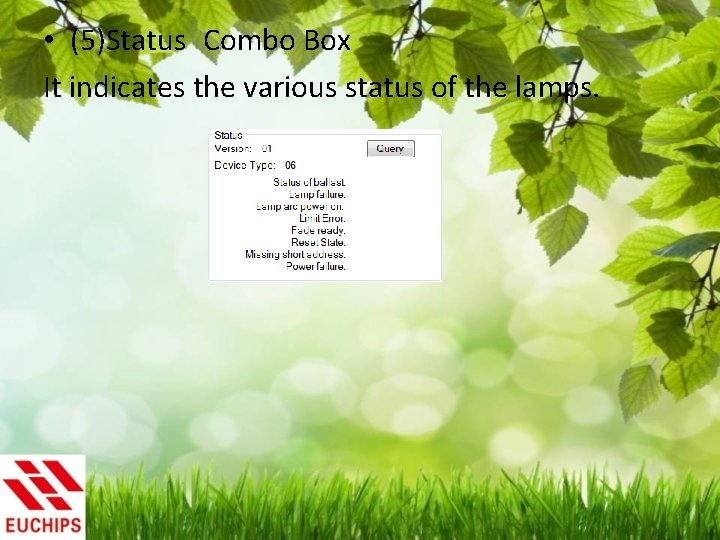  • (5)Status Combo Box It indicates the various status of the lamps. 