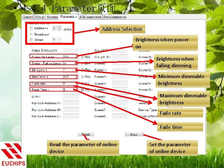  • 4. 4. 4 Parameter页面 Address Selection Brightness when power on Brightness when