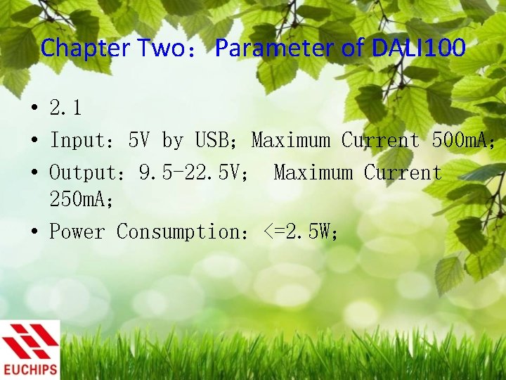 Chapter Two：Parameter of DALI 100 • 2. 1 • Input： 5 V by USB；Maximum