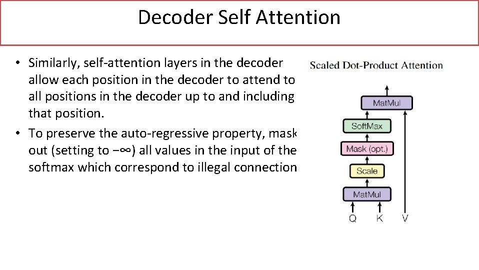 Decoder Self Attention • Similarly, self-attention layers in the decoder allow each position in