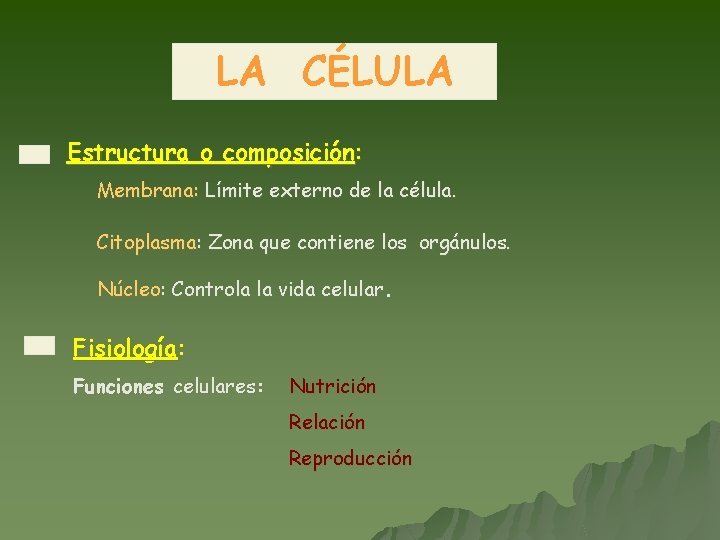 LA CÉLULA Estructura o composición: Membrana: Límite externo de la célula. Citoplasma: Zona que