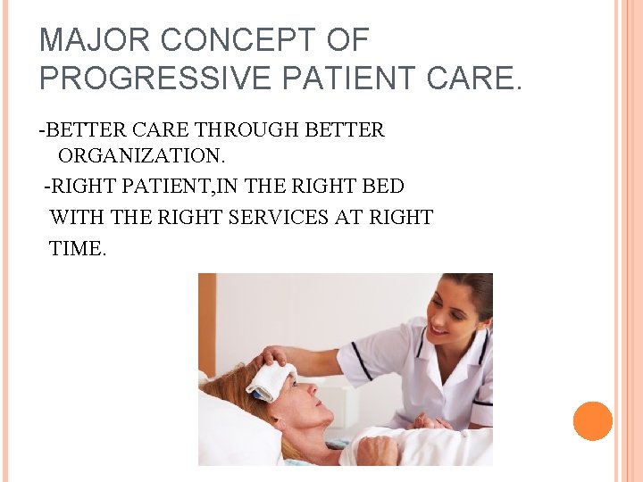 MAJOR CONCEPT OF PROGRESSIVE PATIENT CARE. -BETTER CARE THROUGH BETTER ORGANIZATION. -RIGHT PATIENT, IN MAJOR CONCEPT OF PROGRESSIVE PATIENT CARE. -BETTER CARE THROUGH BETTER ORGANIZATION. -RIGHT PATIENT, IN