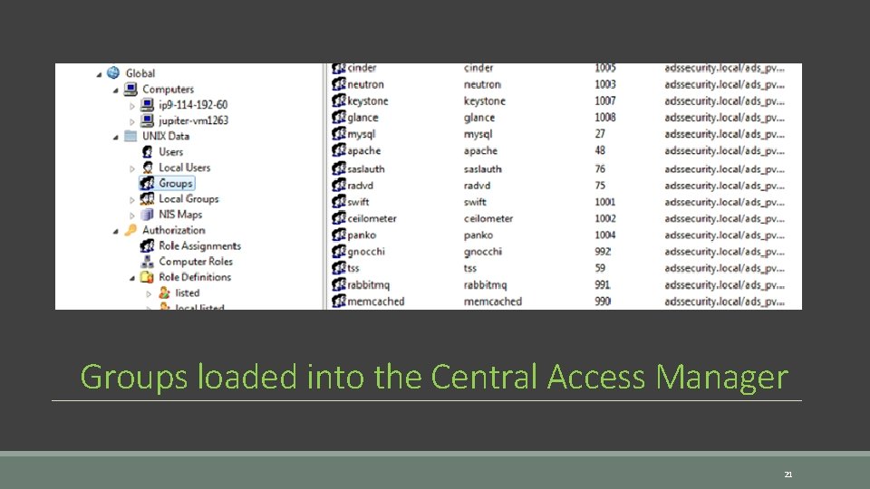 Groups loaded into the Central Access Manager 21 