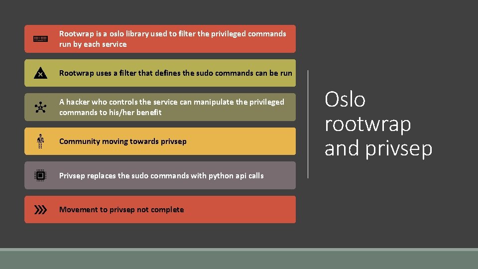 Rootwrap is a oslo library used to filter the privileged commands run by each