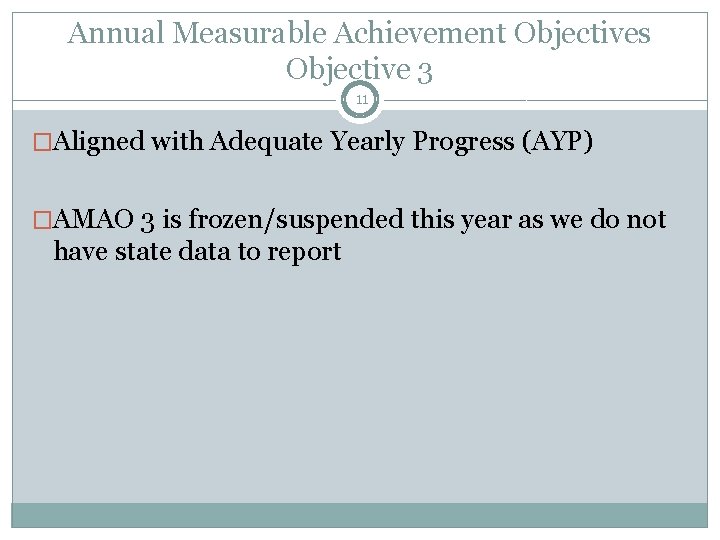 Annual Measurable Achievement Objectives Objective 3 11 �Aligned with Adequate Yearly Progress (AYP) �AMAO