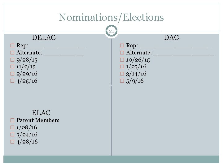 Nominations/Elections DELAC � Rep: ________ � Alternate: ______ � 9/28/15 � 11/2/15 � 2/29/16