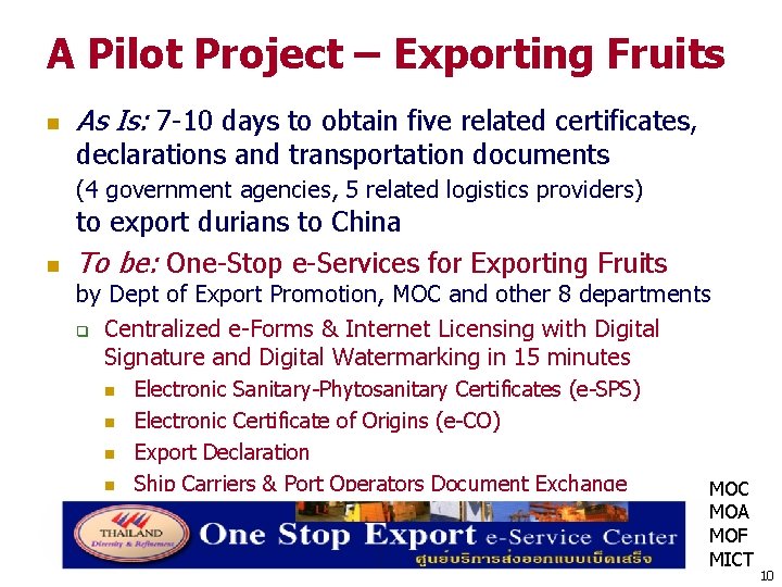 A Pilot Project – Exporting Fruits n As Is: 7 -10 days to obtain