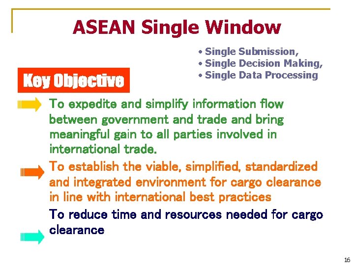 ASEAN Single Window • Single Submission, • Single Decision Making, • Single Data Processing