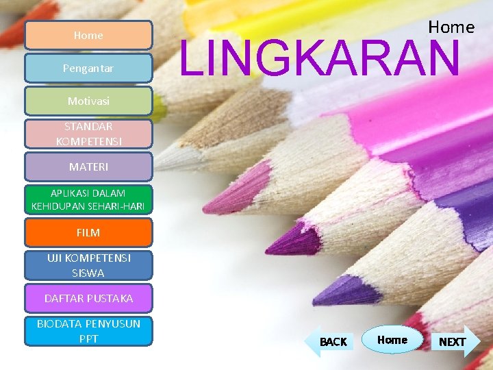 Home Pengantar Home LINGKARAN Motivasi STANDAR KOMPETENSI MATERI APLIKASI DALAM KEHIDUPAN SEHARI-HARI FILM UJI Home Pengantar Home LINGKARAN Motivasi STANDAR KOMPETENSI MATERI APLIKASI DALAM KEHIDUPAN SEHARI-HARI FILM UJI