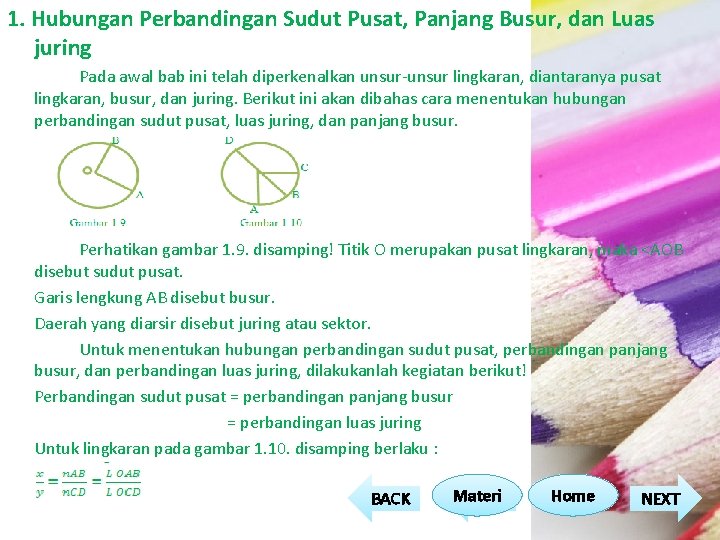 1. Hubungan Perbandingan Sudut Pusat, Panjang Busur, dan Luas juring Pada awal bab ini 1. Hubungan Perbandingan Sudut Pusat, Panjang Busur, dan Luas juring Pada awal bab ini