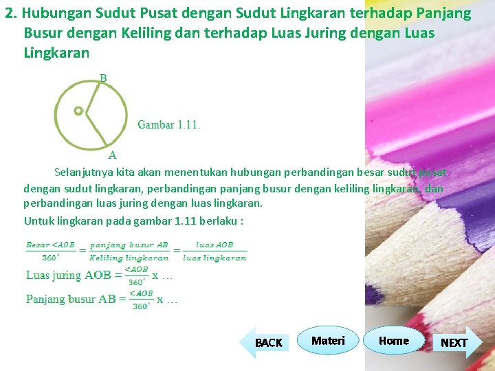 2. Hubungan Sudut Pusat dengan Sudut Lingkaran terhadap Panjang Busur dengan Keliling dan terhadap 2. Hubungan Sudut Pusat dengan Sudut Lingkaran terhadap Panjang Busur dengan Keliling dan terhadap