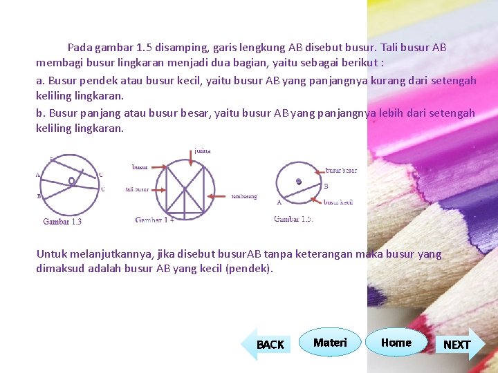 Pada gambar 1. 5 disamping, garis lengkung AB disebut busur. Tali busur AB membagi Pada gambar 1. 5 disamping, garis lengkung AB disebut busur. Tali busur AB membagi