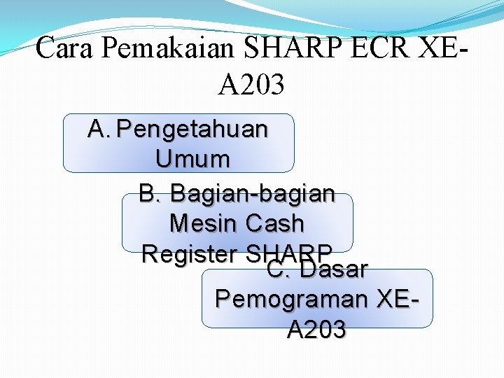 Cara Pemakaian SHARP ECR XEA 203 A. Pengetahuan Umum B. Bagian-bagian Mesin Cash Register