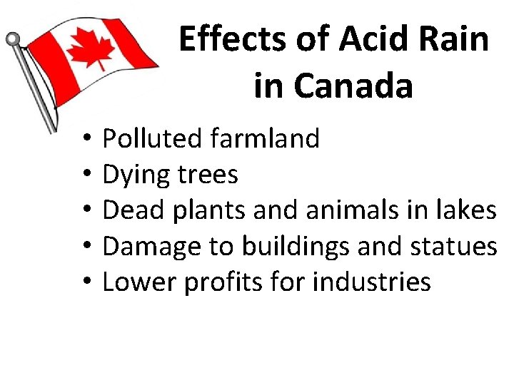 Effects of Acid Rain in Canada • Polluted farmland • Dying trees • Dead Effects of Acid Rain in Canada • Polluted farmland • Dying trees • Dead