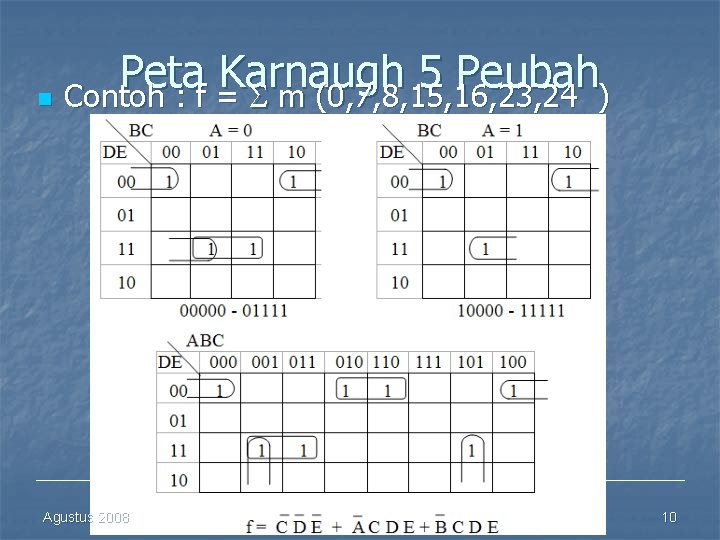 Peta Karnaugh 5 Peubah n Contoh : f = m (0, 7, 8, 15,