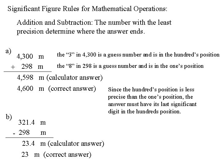 Significant Figure Rules for Mathematical Operations: Addition and Subtraction: The number with the least