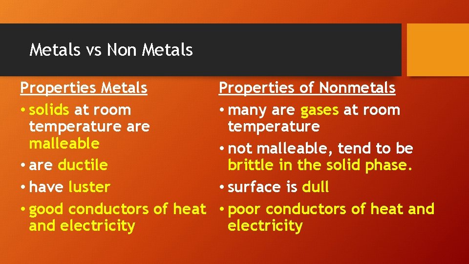 Metals vs Non Metals Properties Metals • solids at room temperature are malleable •