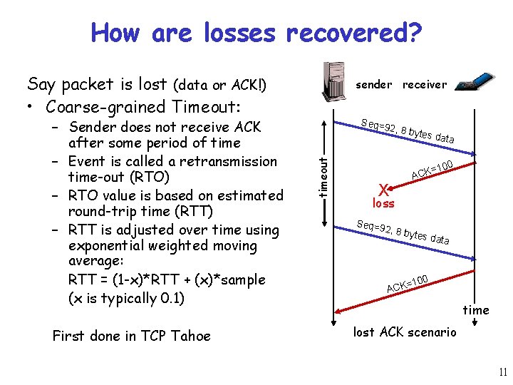 How are losses recovered? Say packet is lost (data or ACK!) • Coarse-grained Timeout: