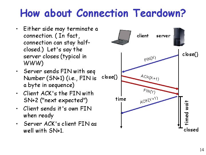 How about Connection Teardown? client server X) FIN( close() ACK(X + 1) FIN(Y) +1)