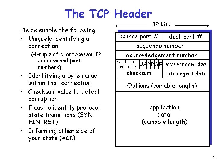 The TCP Header Fields enable the following: • Uniquely identifying a connection (4 -tuple