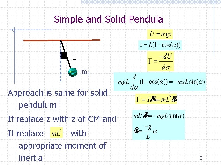 Simple and Solid Pendula L m 1 Approach is same for solid pendulum If