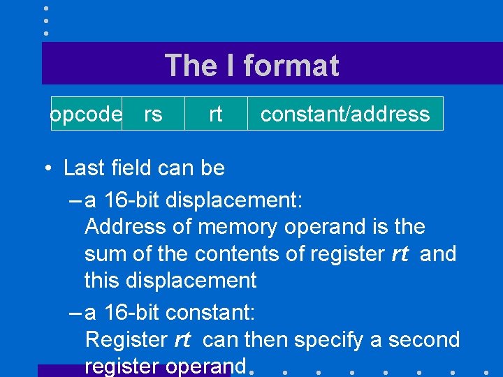 The I format opcode rs rt constant/address • Last field can be – a