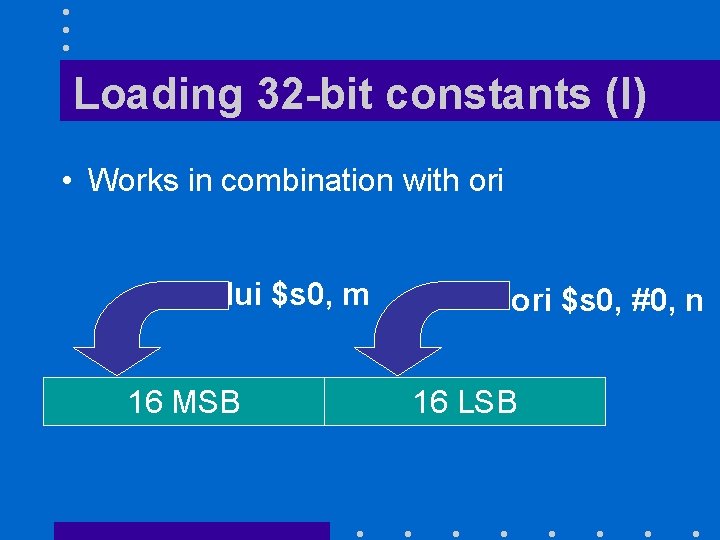 Loading 32 -bit constants (I) • Works in combination with ori lui $s 0,