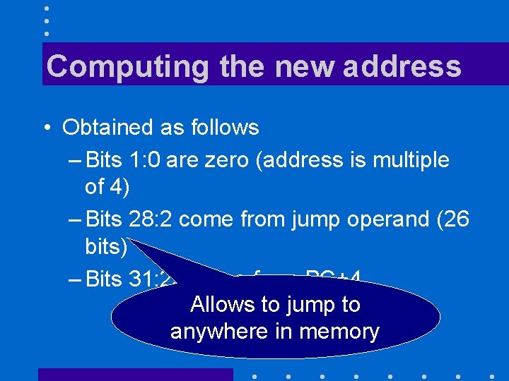 Computing the new address • Obtained as follows – Bits 1: 0 are zero